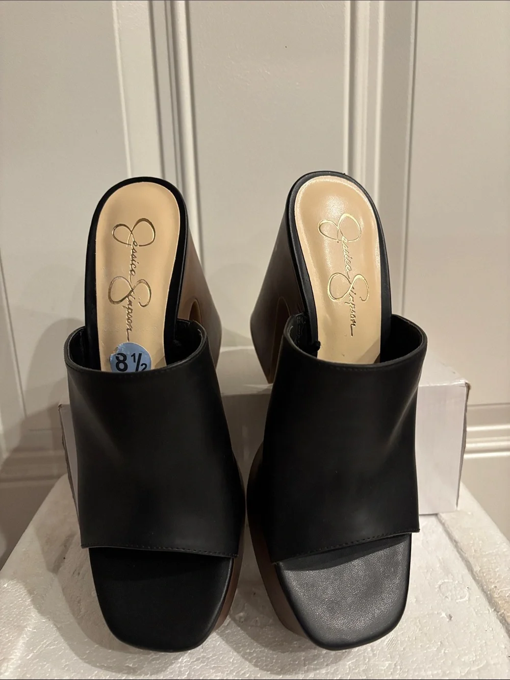 Jessica Simpson Black Platform Slide with Wood-Effect Heel